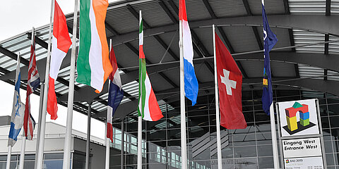 Banners in front of the entrance area of the BAU exhibition in Munich
