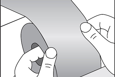 Illustration, die das Abrollen und Verarbeiten eines Aluminium-Klebebandes zeigt.
