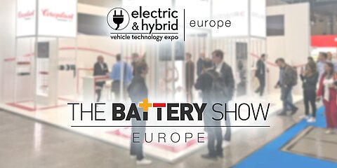 Trade show impressions featuring the Battery Show Europe 2025 logo
