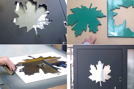 Collage of production steps for a die-cut part in the shape of a maple leaf