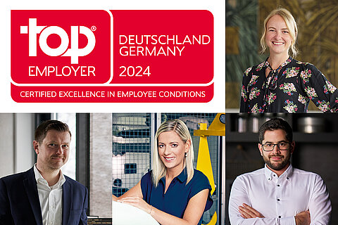"Top Employer 2024" certification, framed by portraits of some employees